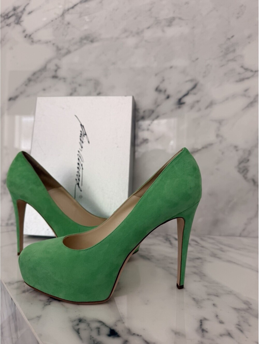 Brian Atwood Maniac 120 Green Suede Platform Pumps Heels Size 40 Box